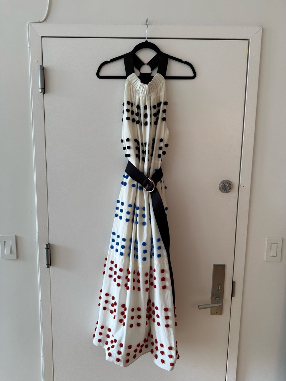 Tibi White Halter Maxi Dress with Red, Blue & Black Pom Detail